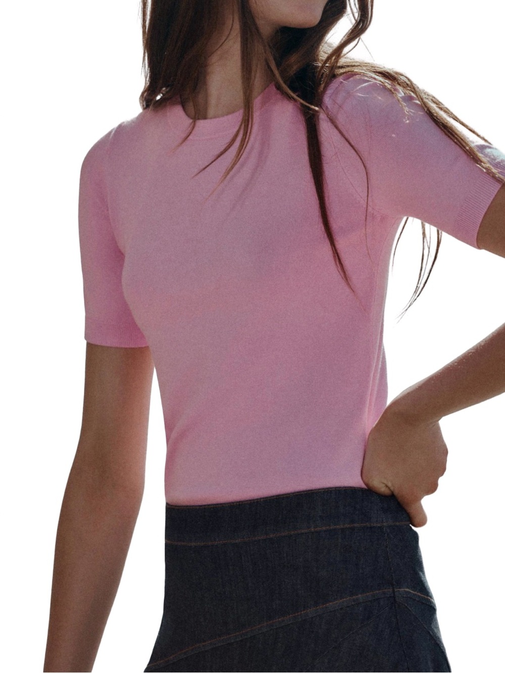Zara Round Neck Basic Top Short-Sleeves Rib Trim Large NWT